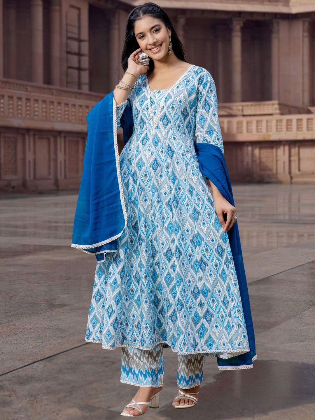 Mokshielite Women Ethnic Motifs Printed Pure Cotton Trousers & Dupatta Kurta Sets