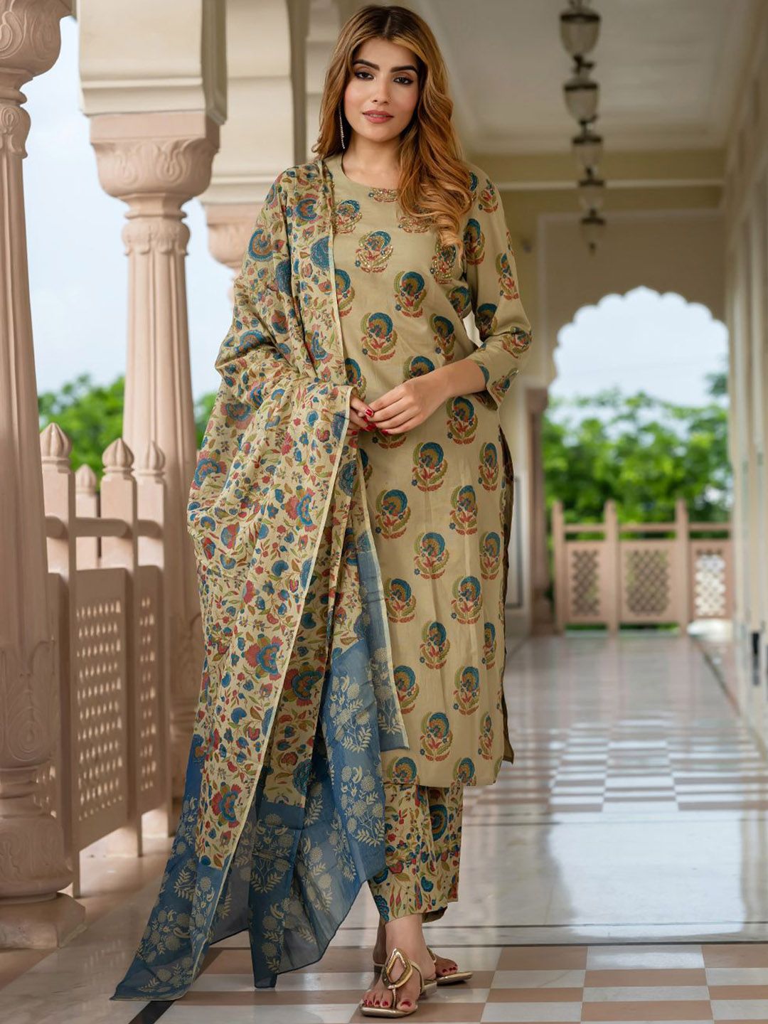 KALINI Floral Printed Round Neck Pure Cotton Straight Kurta With Trousers & Dupatta