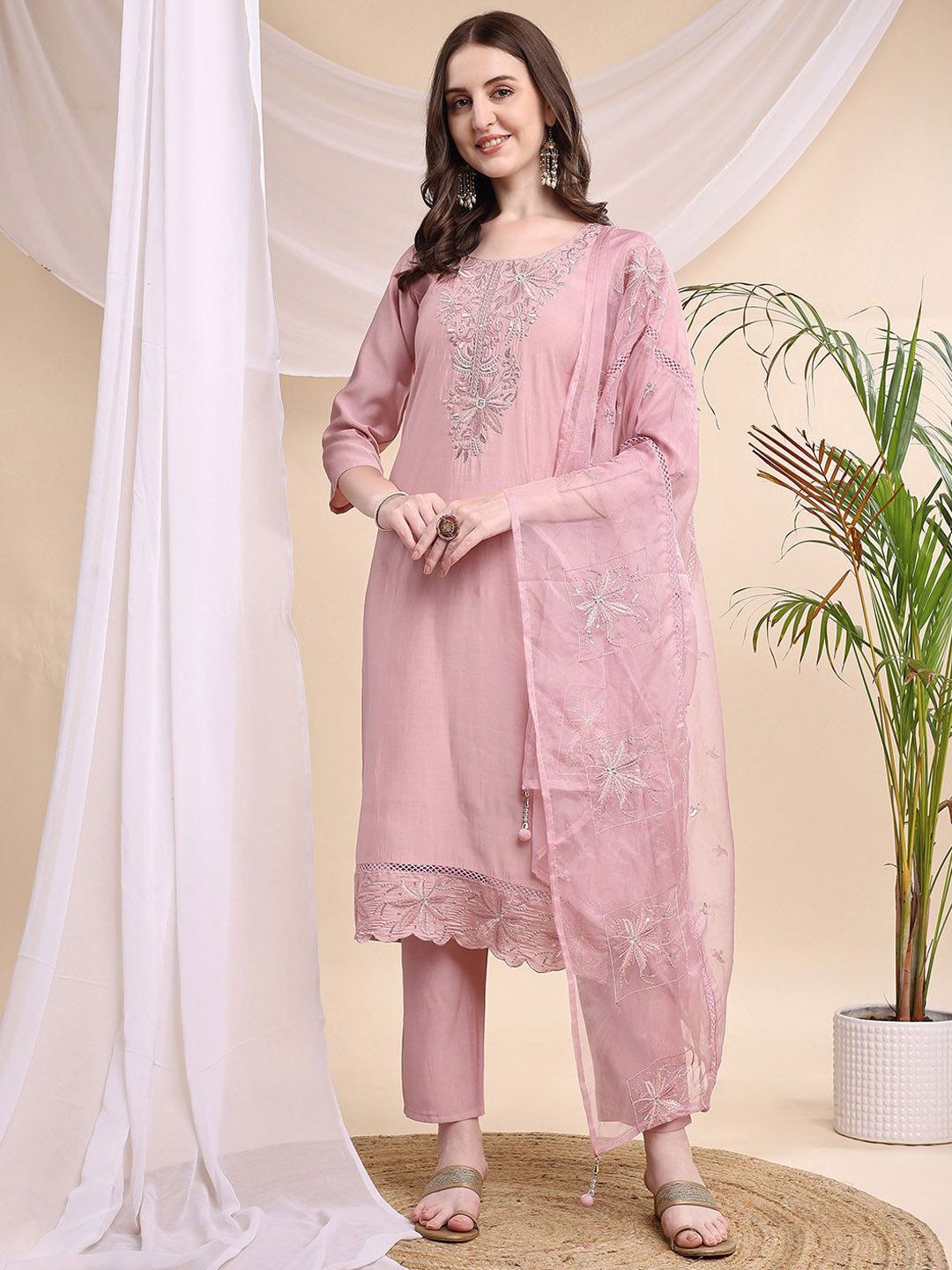 KALINI Women Embroidered Chanderi Silk Kurta with Trousers & Dupatta Kurta Sets