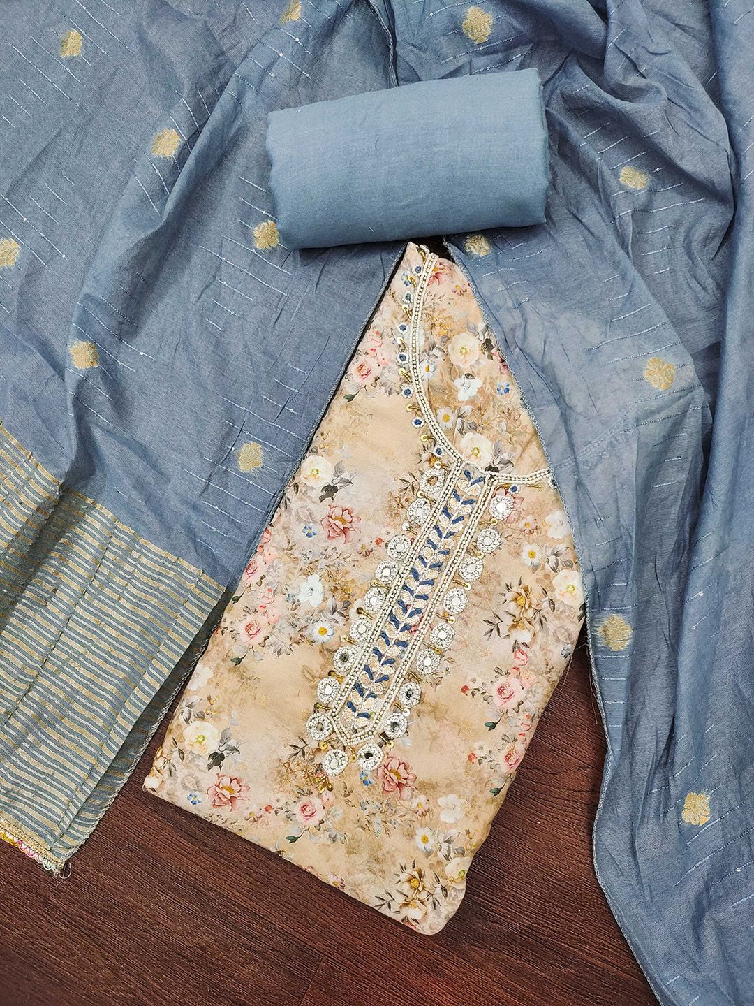 Blissta Floral Printed Beads & Stones Unstitched Dress Material-picture-15