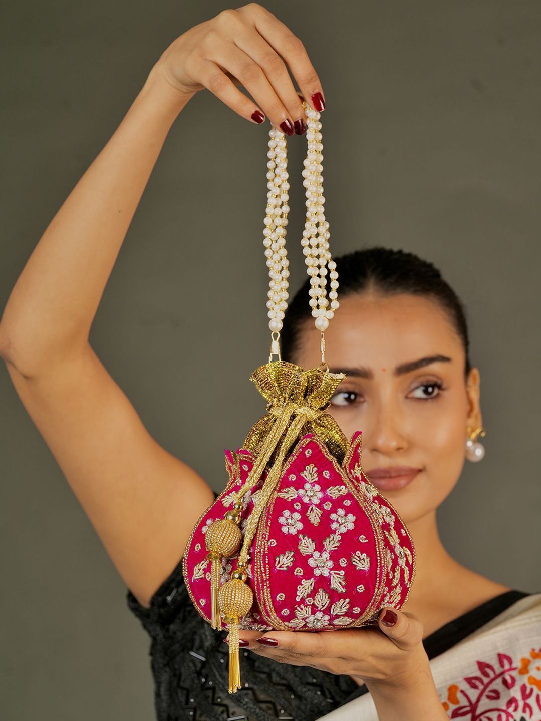 Anouk Embroidered Embellished Lotus Shaped Velvet Potli Bag-picture-42