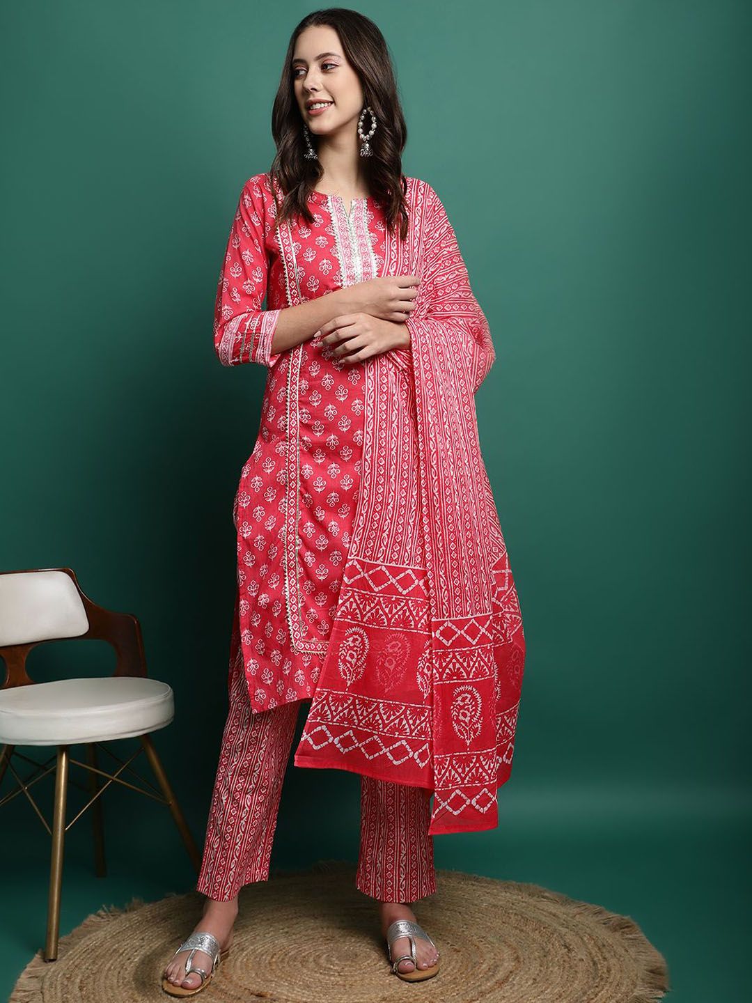 HERE&NOW Women Ethnic Motifs Printed Cotton Kurta with Trousers & Dupatta