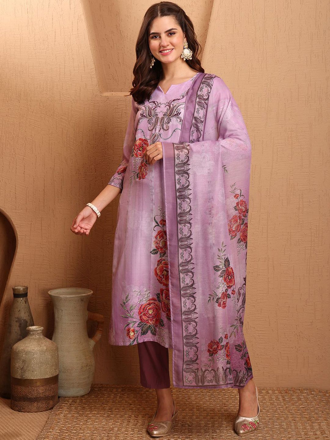 Sangria Floral Printed Notch Neck Aari Work Straight Kurta With Trousers & Dupatta