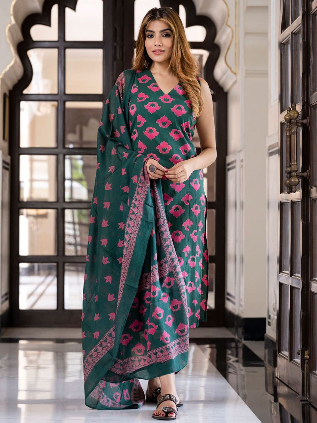 KALINI Women Floral Printed Cotton Kurta with Palazzos & Dupatta-picture-25