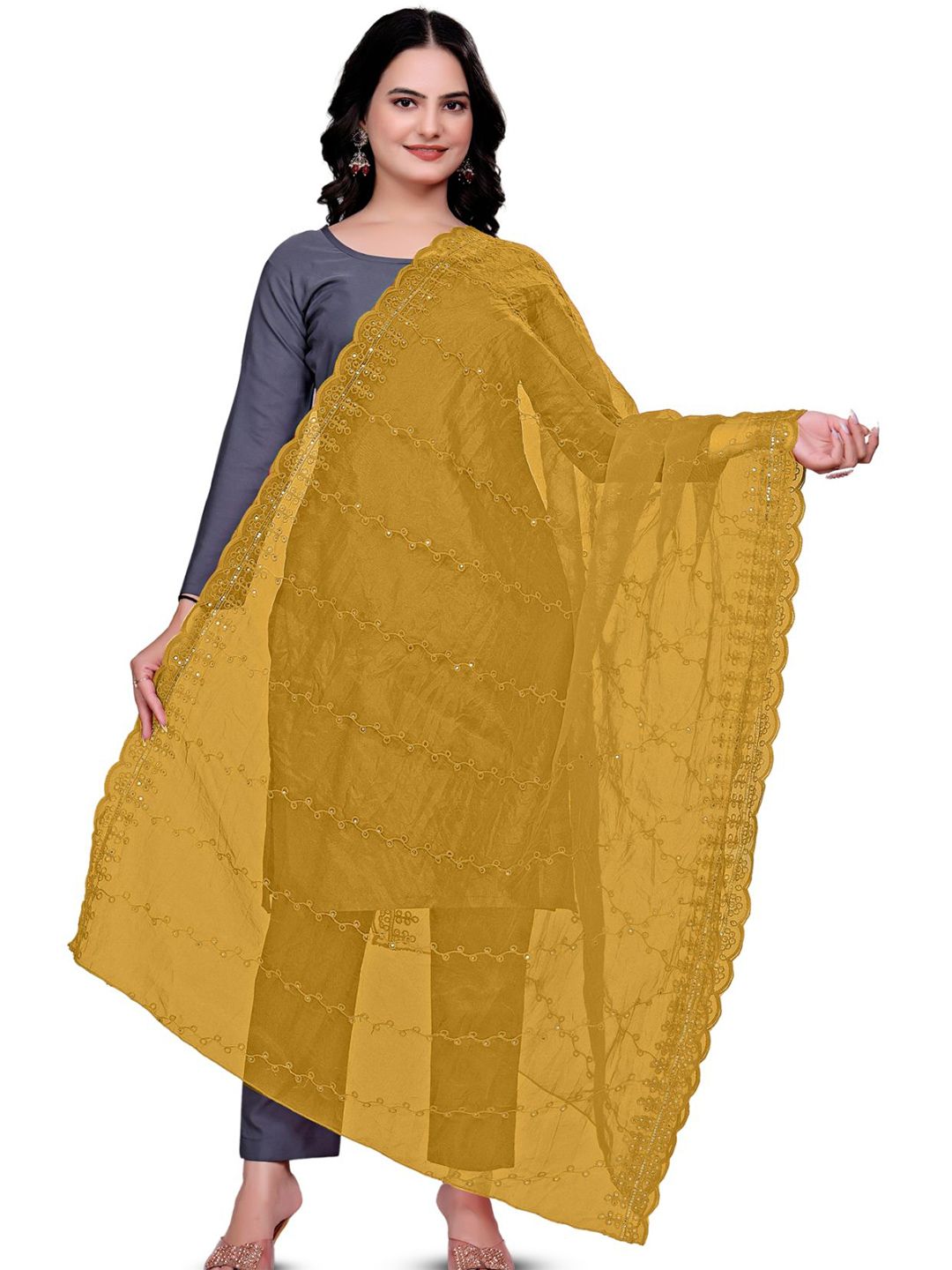 Kemza Floral Embroidered Sequinned Organza Dupatta-picture-36