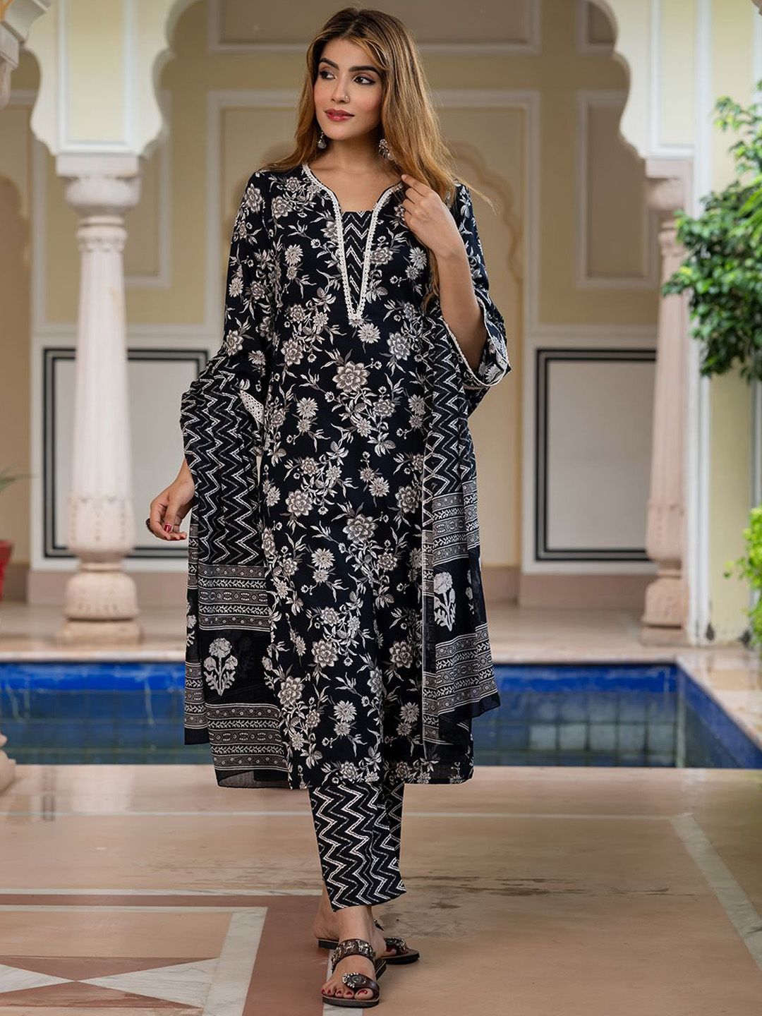 KALINI Floral Printed V-Neck Thread Work Pure Cotton Kurta With Trousers & Dupatta