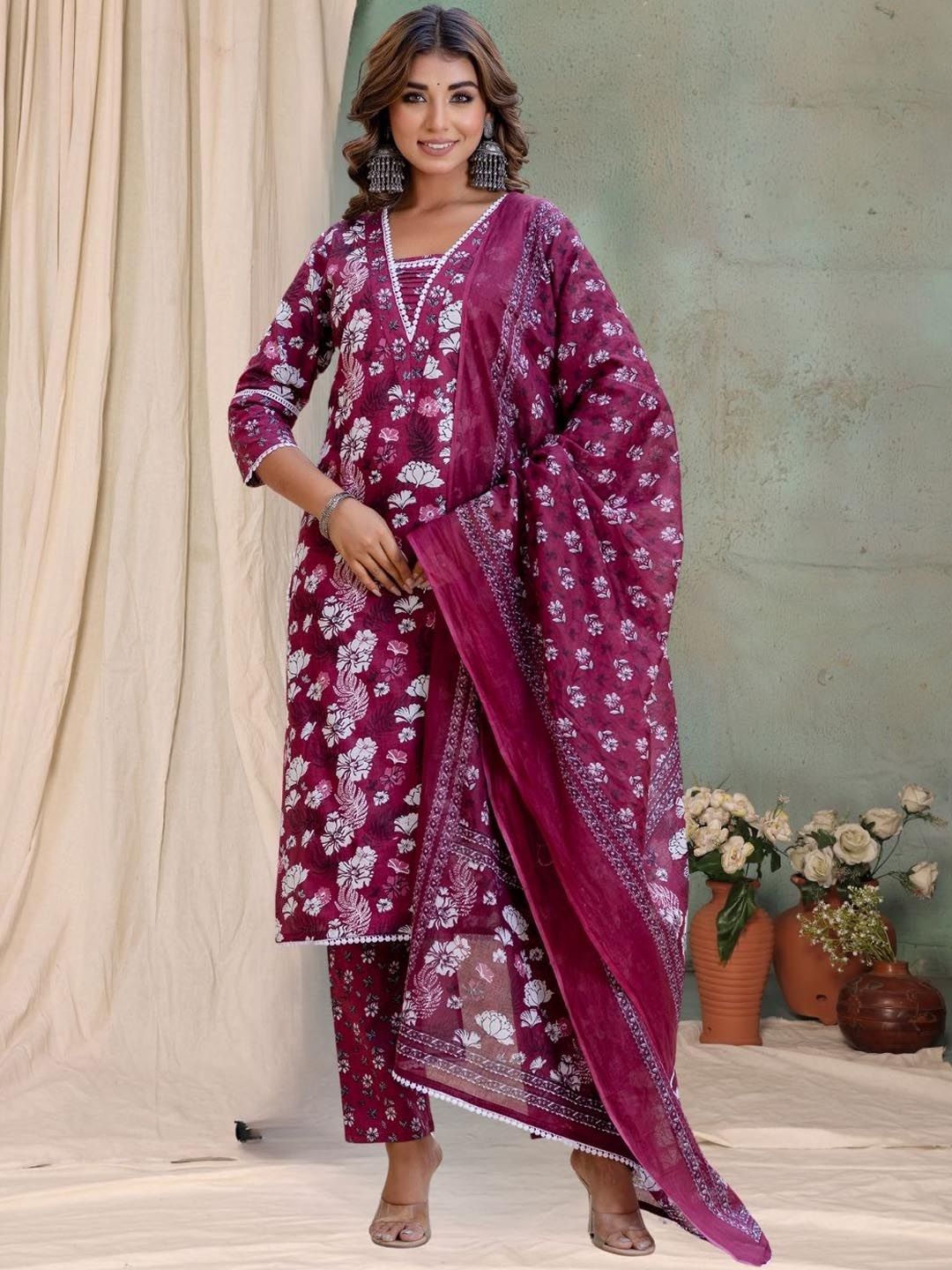 Mokshielite Women Floral Printed Cotton Kurta with Trousers & Dupatta
