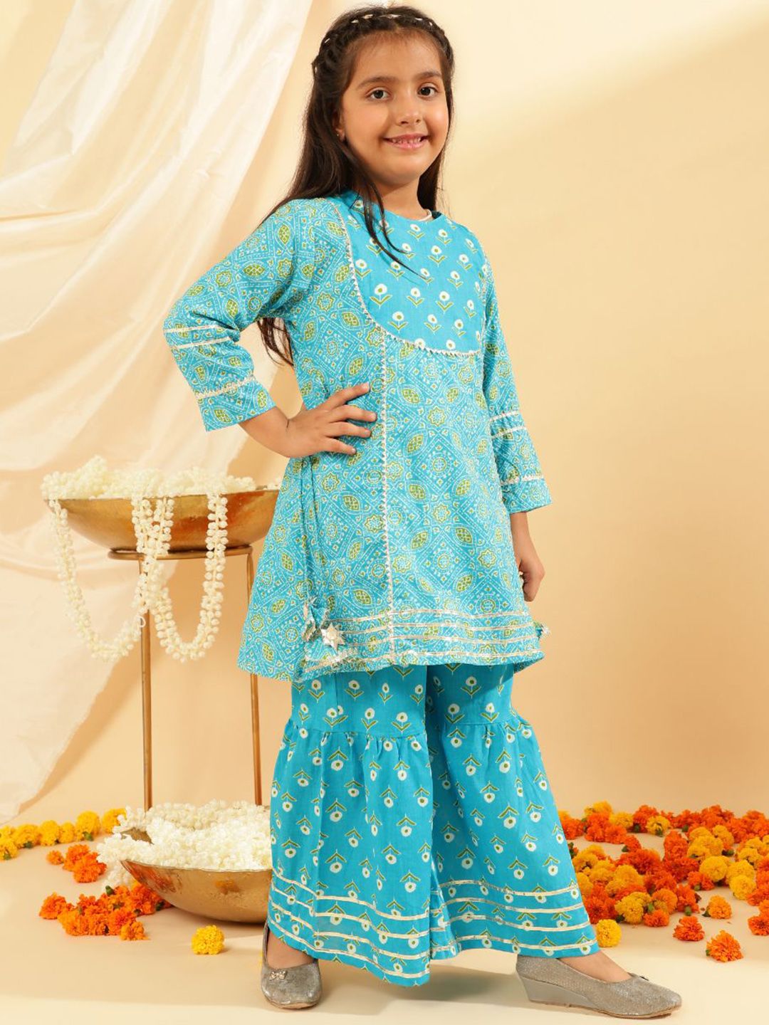 Sangria Girls Floral Printed Pure Cotton Kurta With Sharara-picture-17