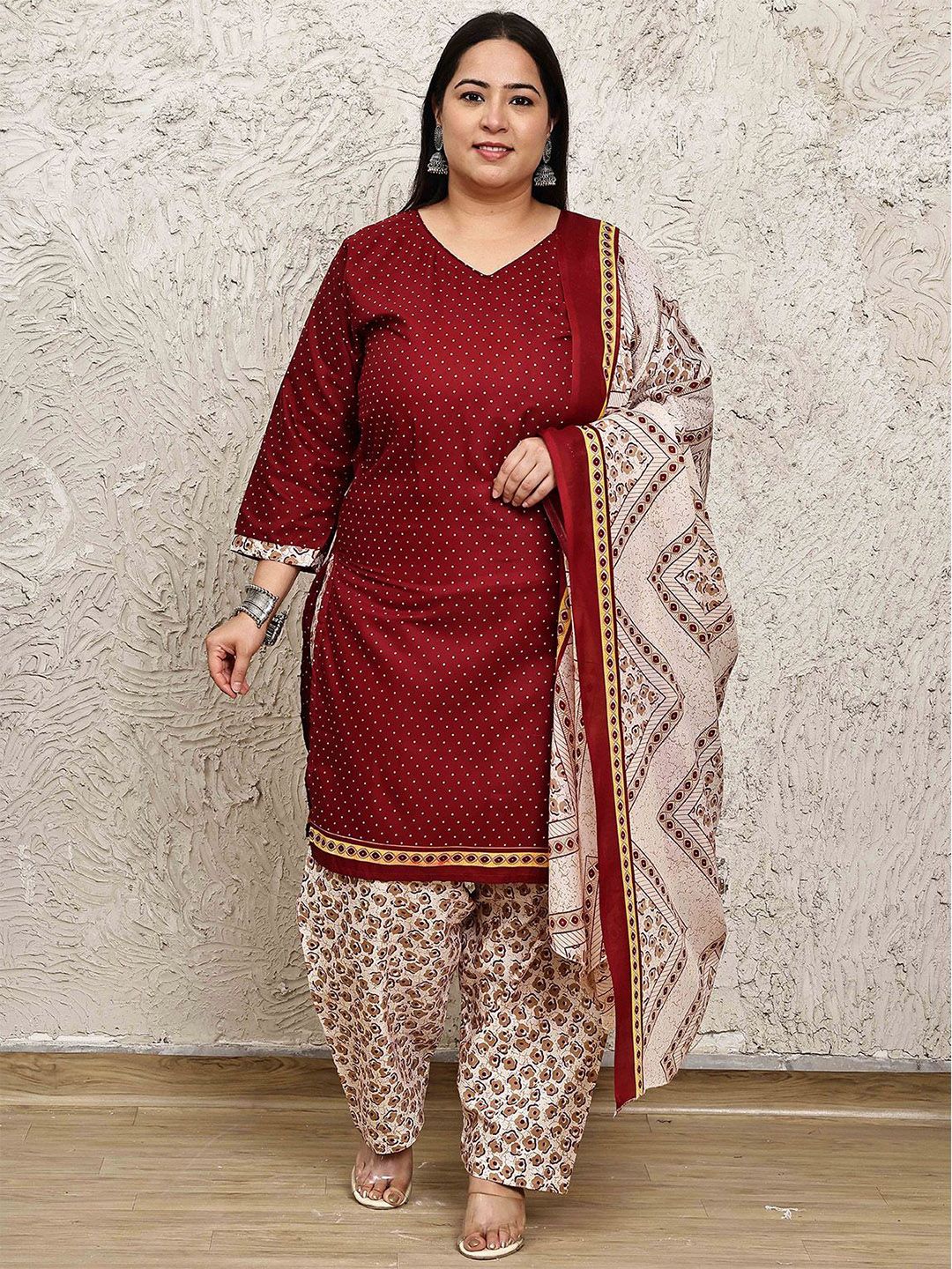 KALINI Polka Dots Printed V-Neck Straight Kurti With Salwar & Dupatta