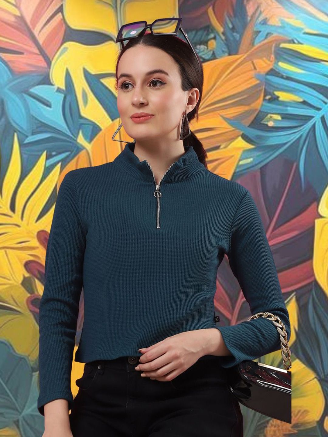 Rigo Women Cotton High Collar Half Zipper Crop Top-picture-25