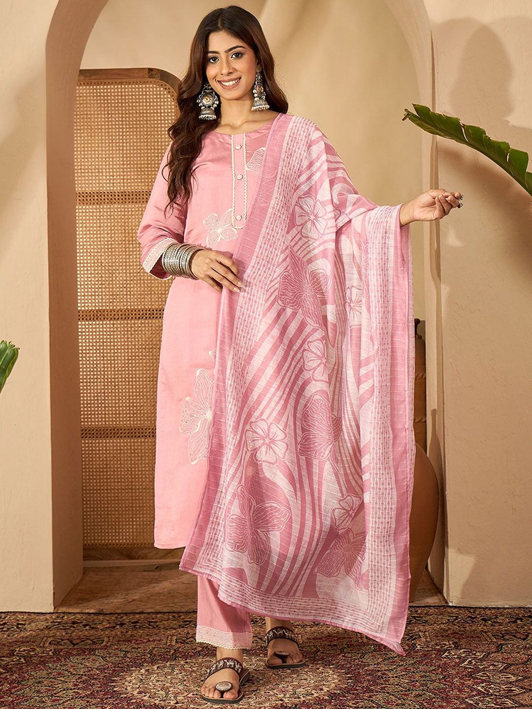 Sangria Embroidered Straight Kurta With Trouser & Dupatta