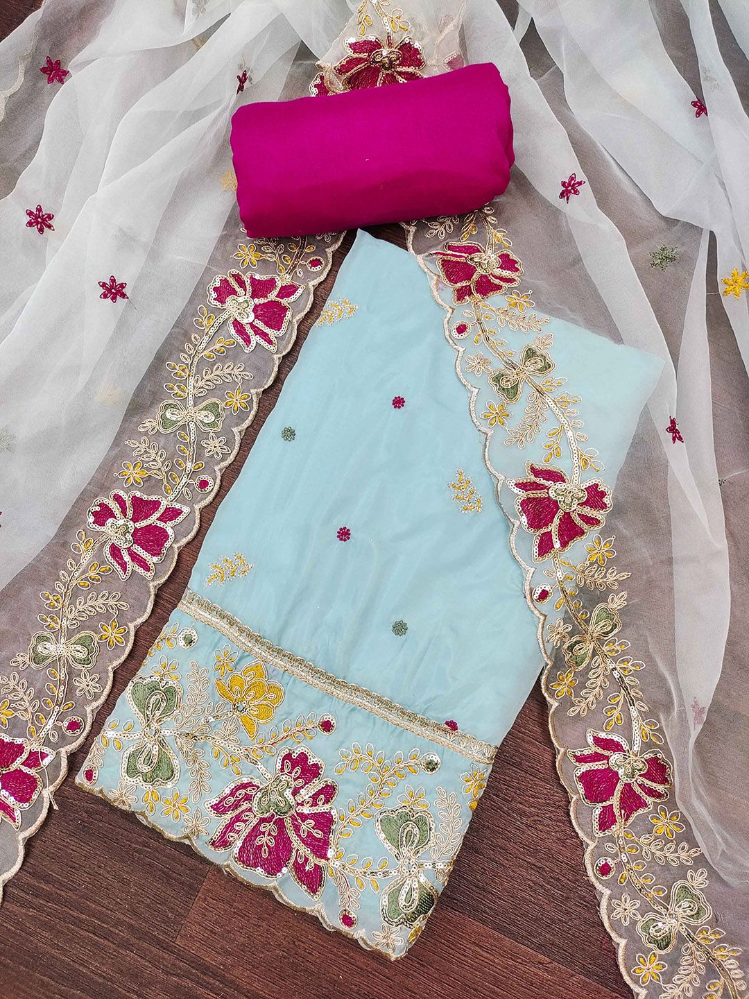 Blissta Floral Embroidered Sequinned Organza Unstitched Dress Material-picture-41