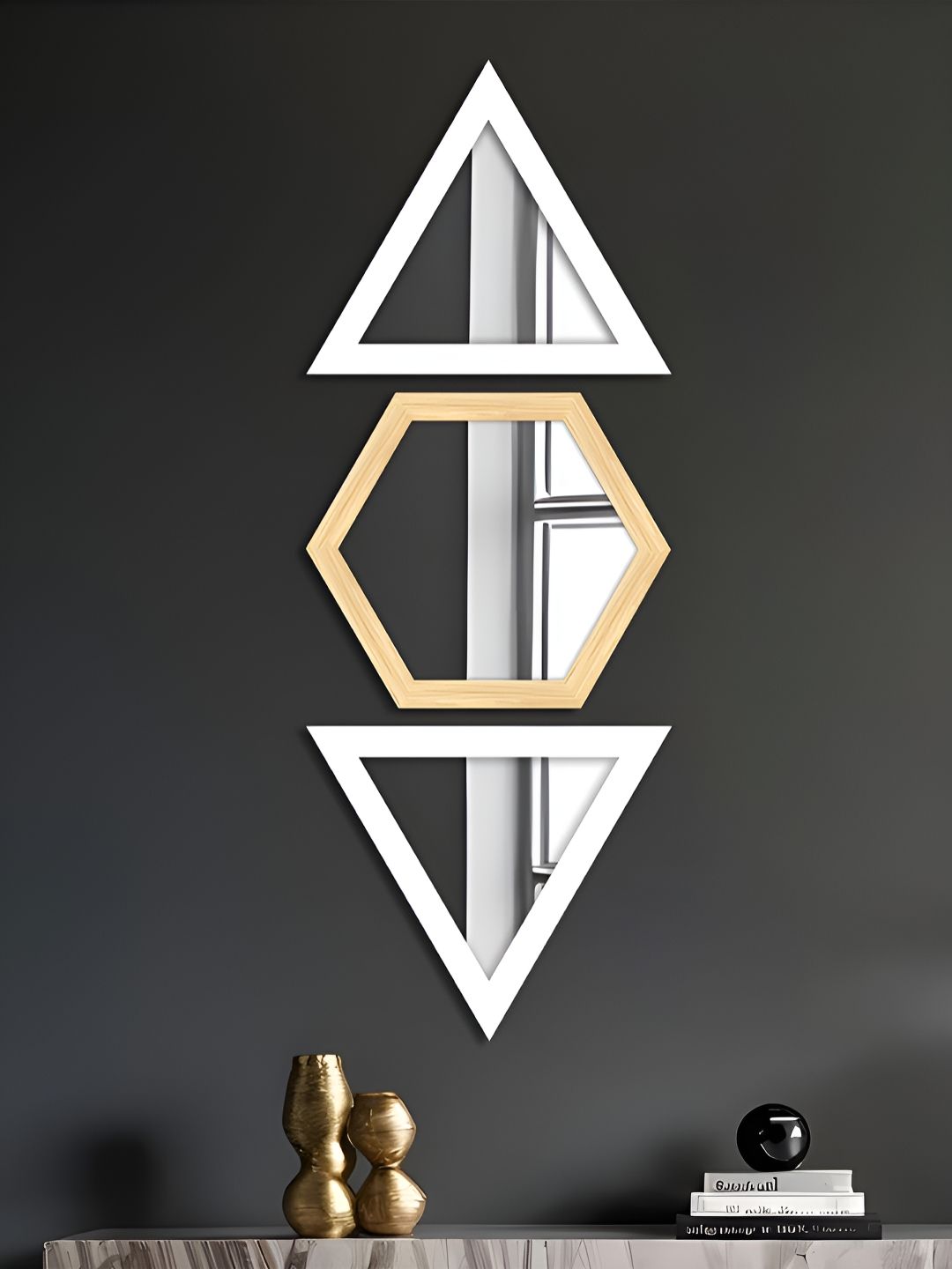 Art Street 3 Pcs Beige & White Triangle & Hexagon Acrylic Wall Mirrors-picture-39