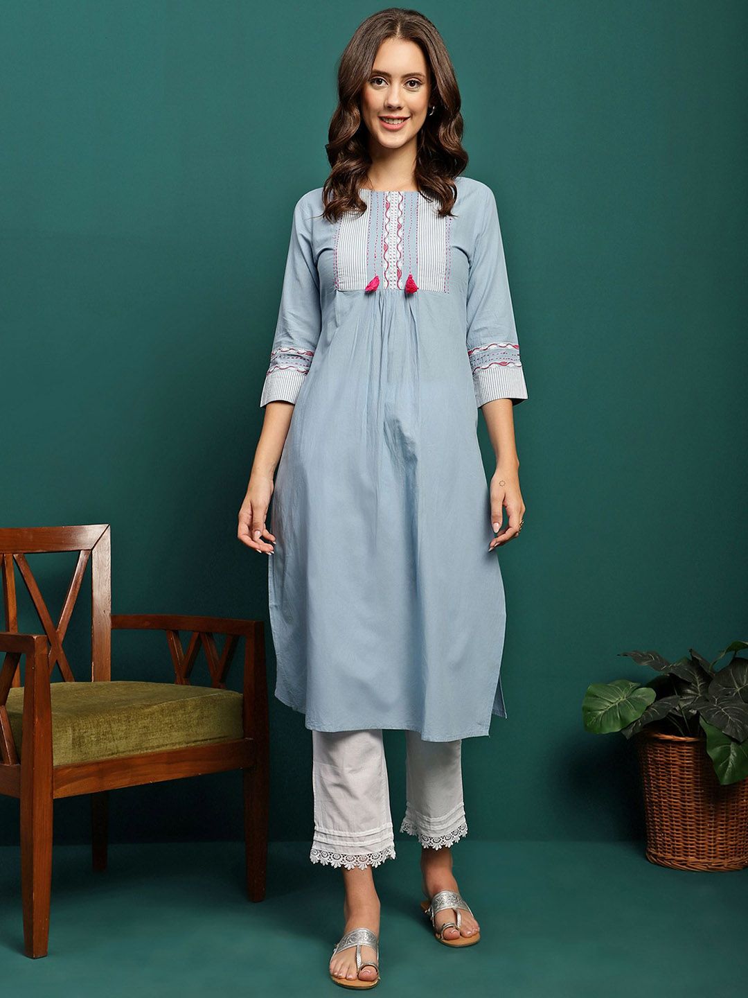 HERE&NOW Women Embroidered Pleated Thread Work Pure Cotton Kurta with Trousers