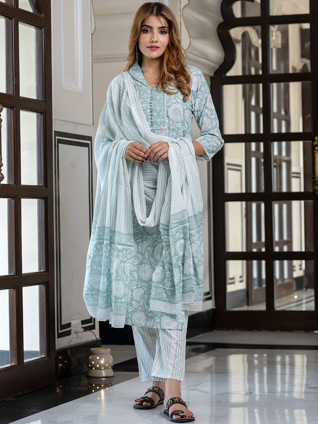 KALINI Women Floral Printed Regular Pure Cotton Kurta with Trousers & Dupatta