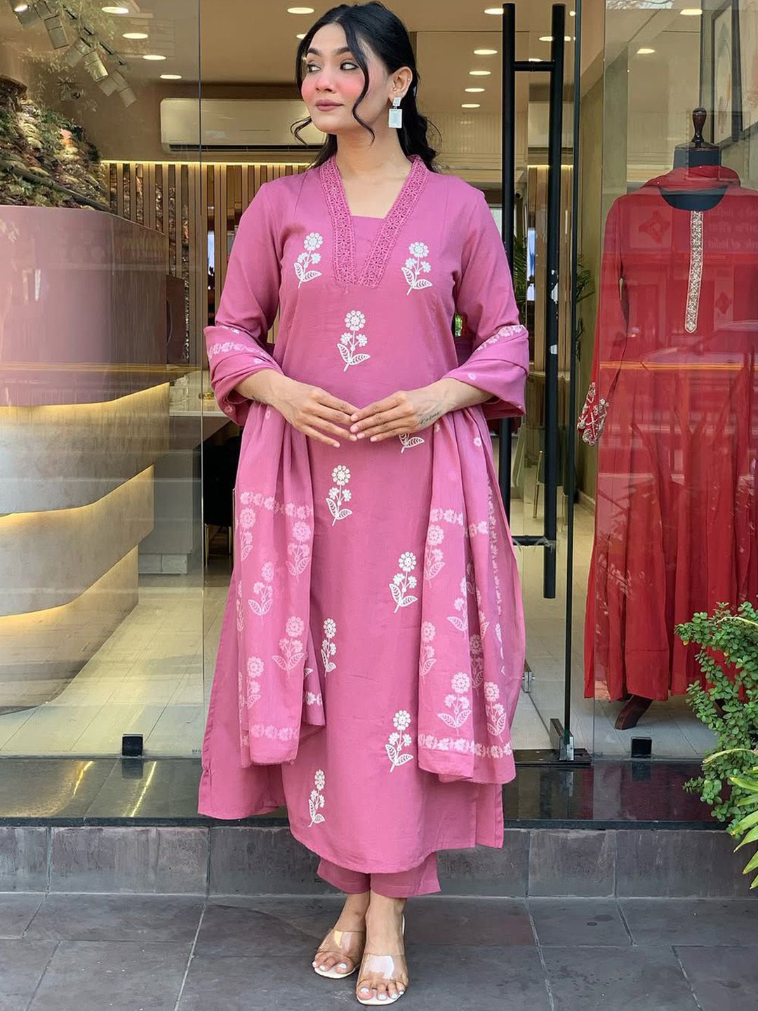 KOTRONS Floral Embroidered V-Neck Thread Work Pure Cotton Kurta With Trousers & Dupatta