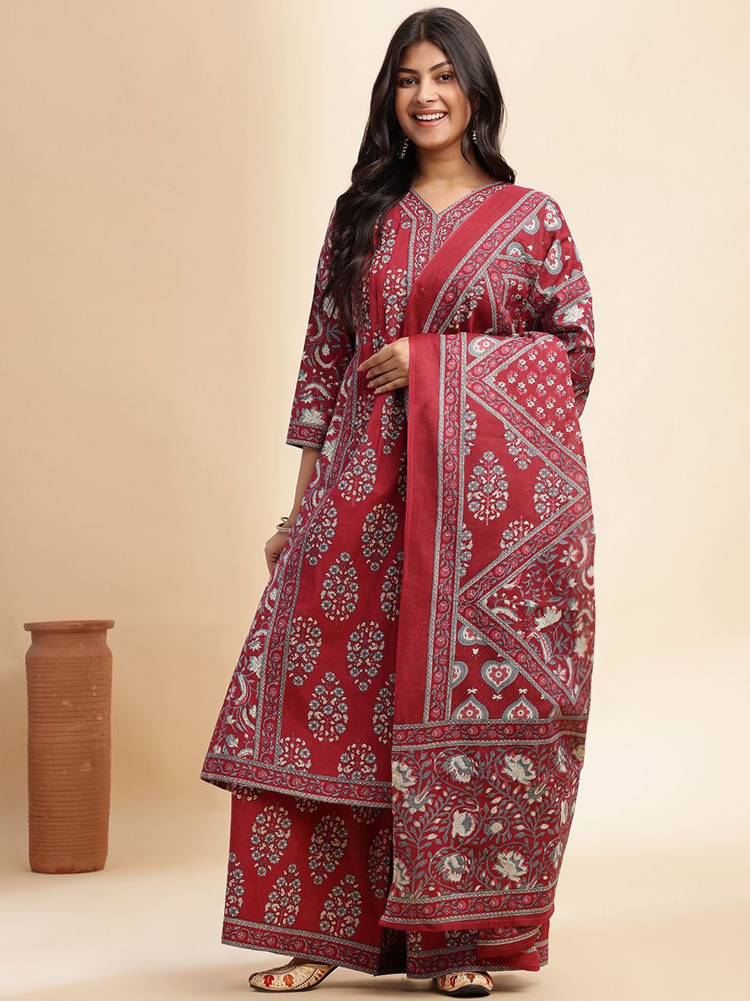 GULMEHAK Women Floral Printed Pleated Sequinned Pure Cotton Kurta with Palazzos & Dupatta