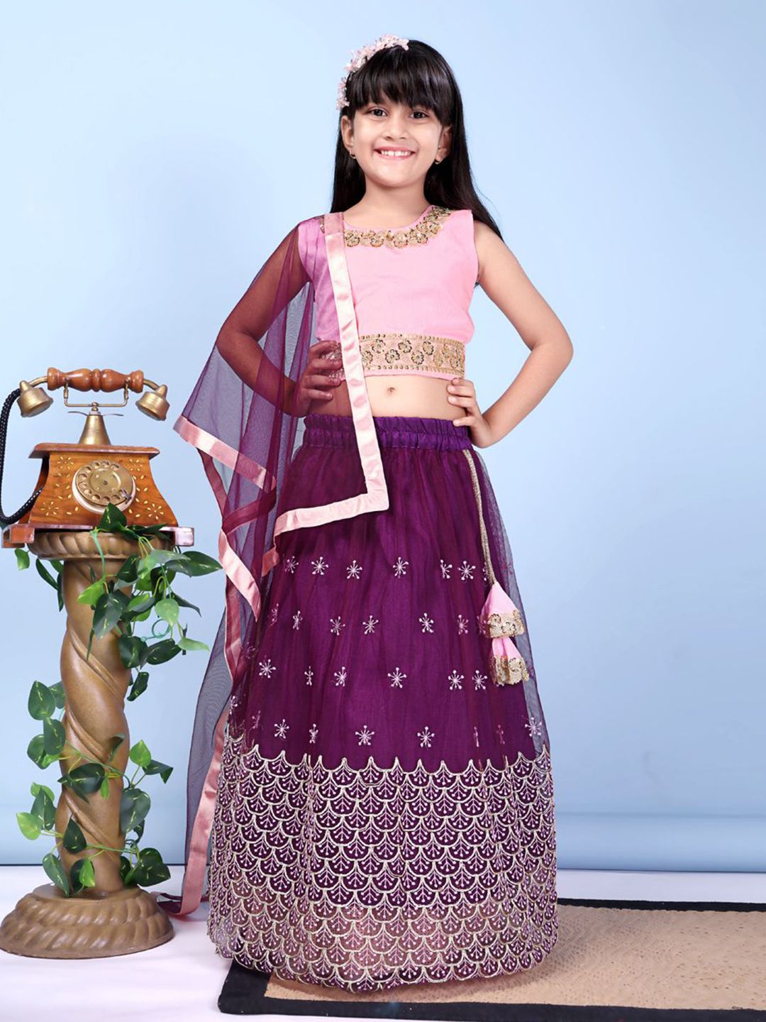 BAESD Girls Embroidered Thread Work Ready To Wear Net Lehenga & Blouse With Dupatta-picture-20