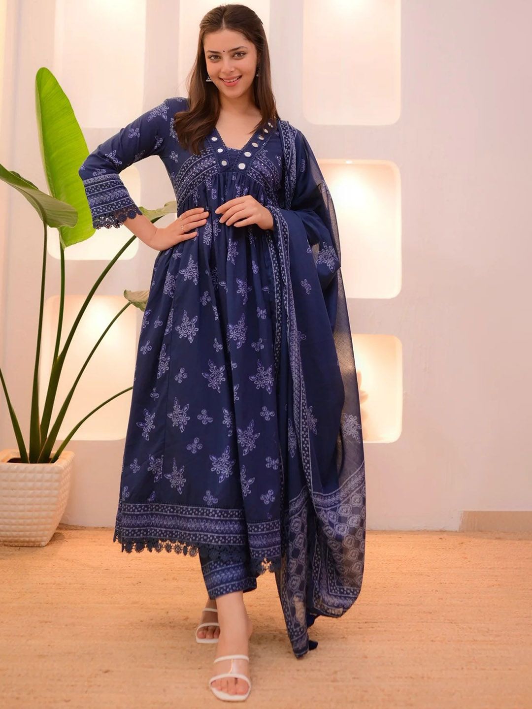 KALINI Floral Printed V-Neck Empire Anarkali Mirror Work Kurta With Trousers & Dupatta