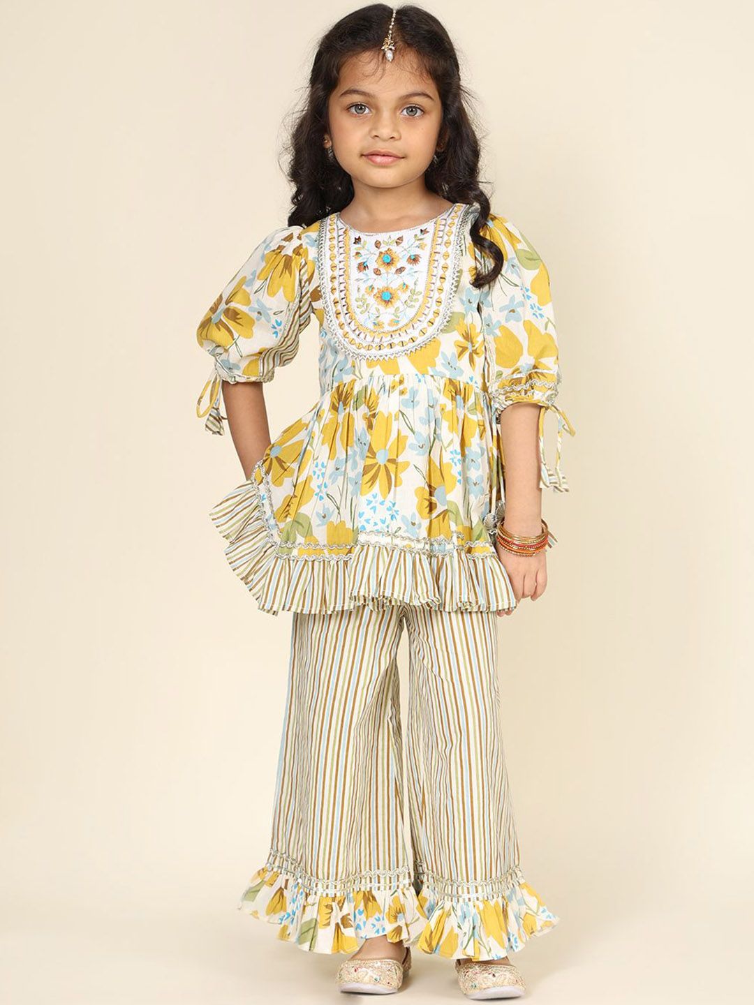 LIL PITAARA Girls Ethnic Motifs Regular Gotta Patti Pure Cotton Kurta with Palazzos-picture-42