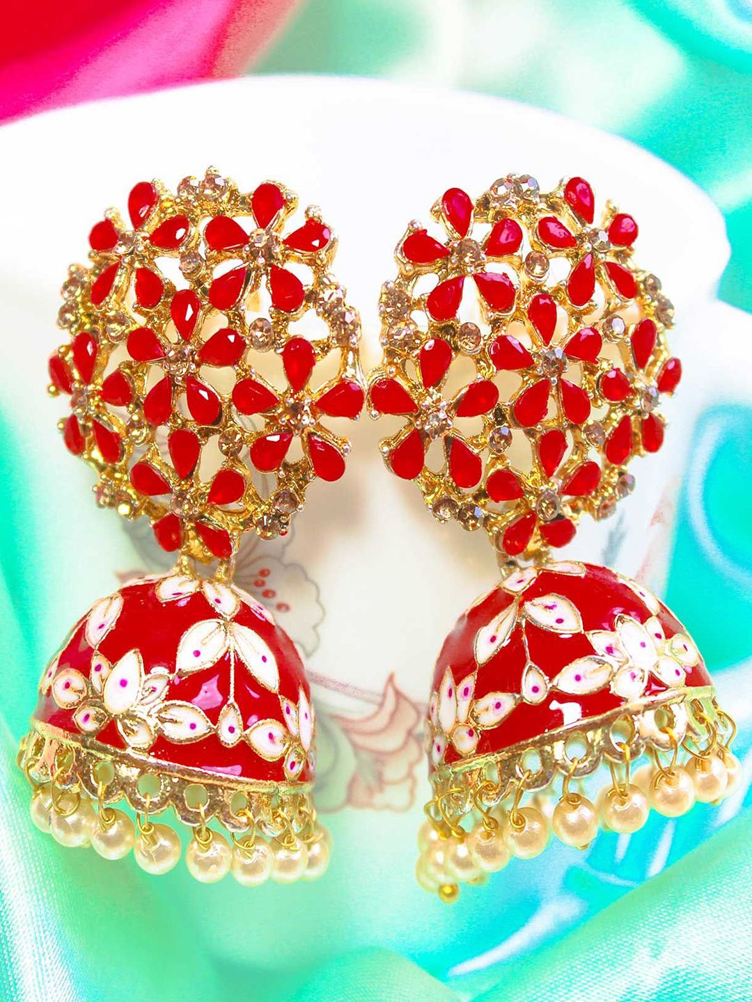 Glamgem Gold-Plated Artificial Stones Studded And Pearls Beaded Dome Shaped Jhumkas-picture-35