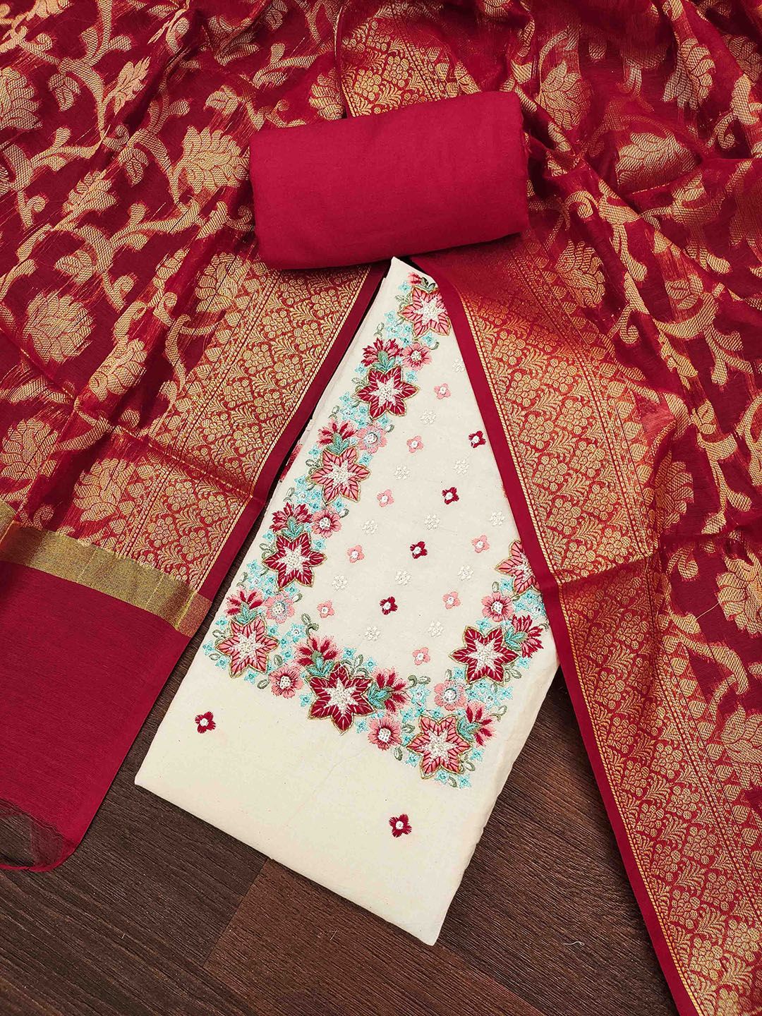 Blissta Floral Embroidered Thread Work Unstitched Dress Material-picture-34