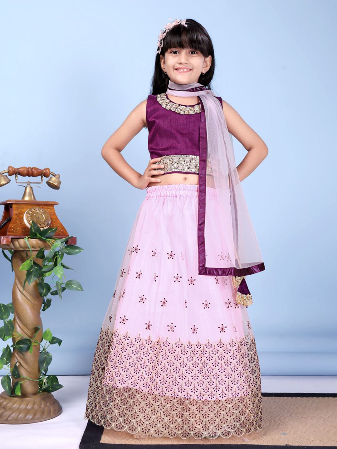 BAESD Girls Embroidered Sequinned Ready To Wear Net Lehenga & Blouse With Dupatta-picture-43