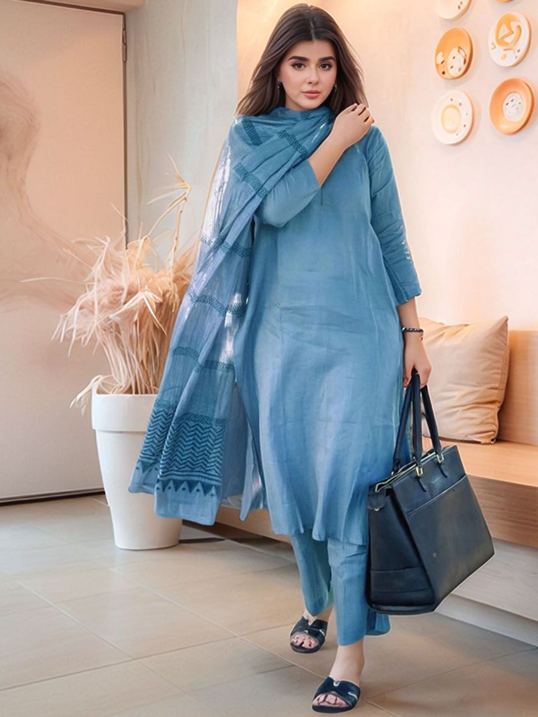 Moda Rapido Women Solid Kurta with Palazzos & Dupatta