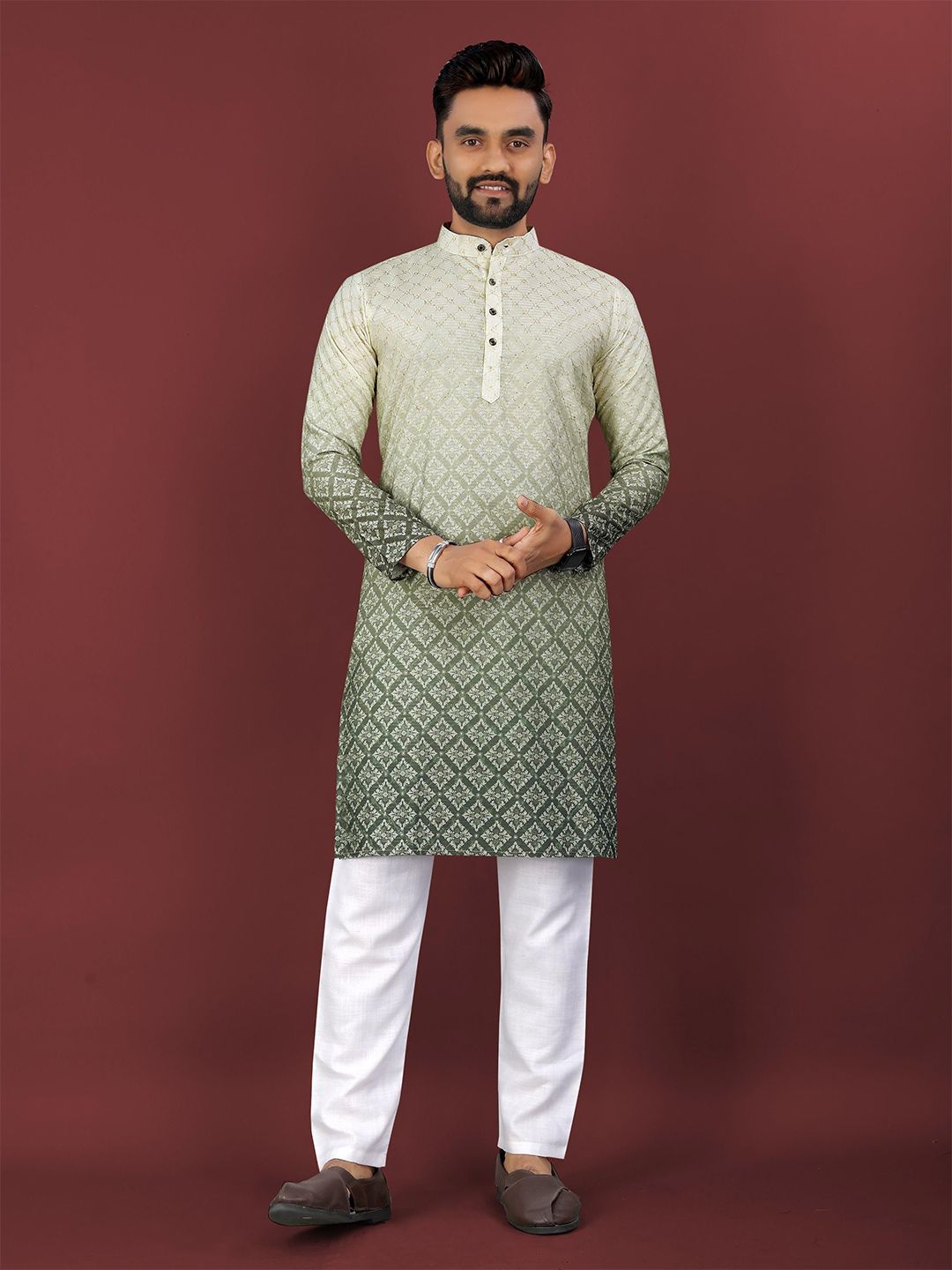 CHARLOTTE GRACIOUS Floral Printed Band Collar Sequinned Straight Kurta