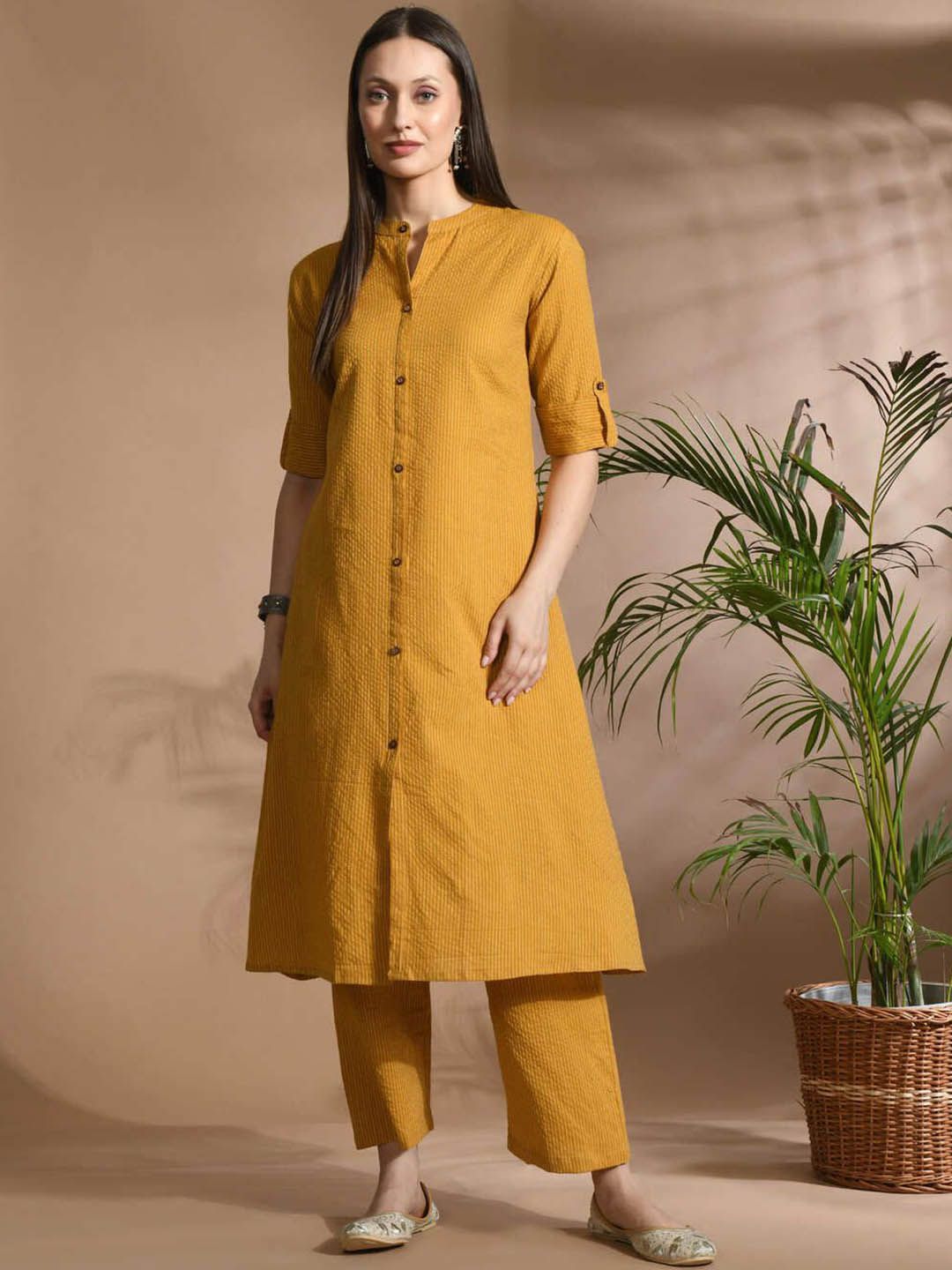 HERE&NOW Women Striped Regular Pure Cotton Kurta with Trousers