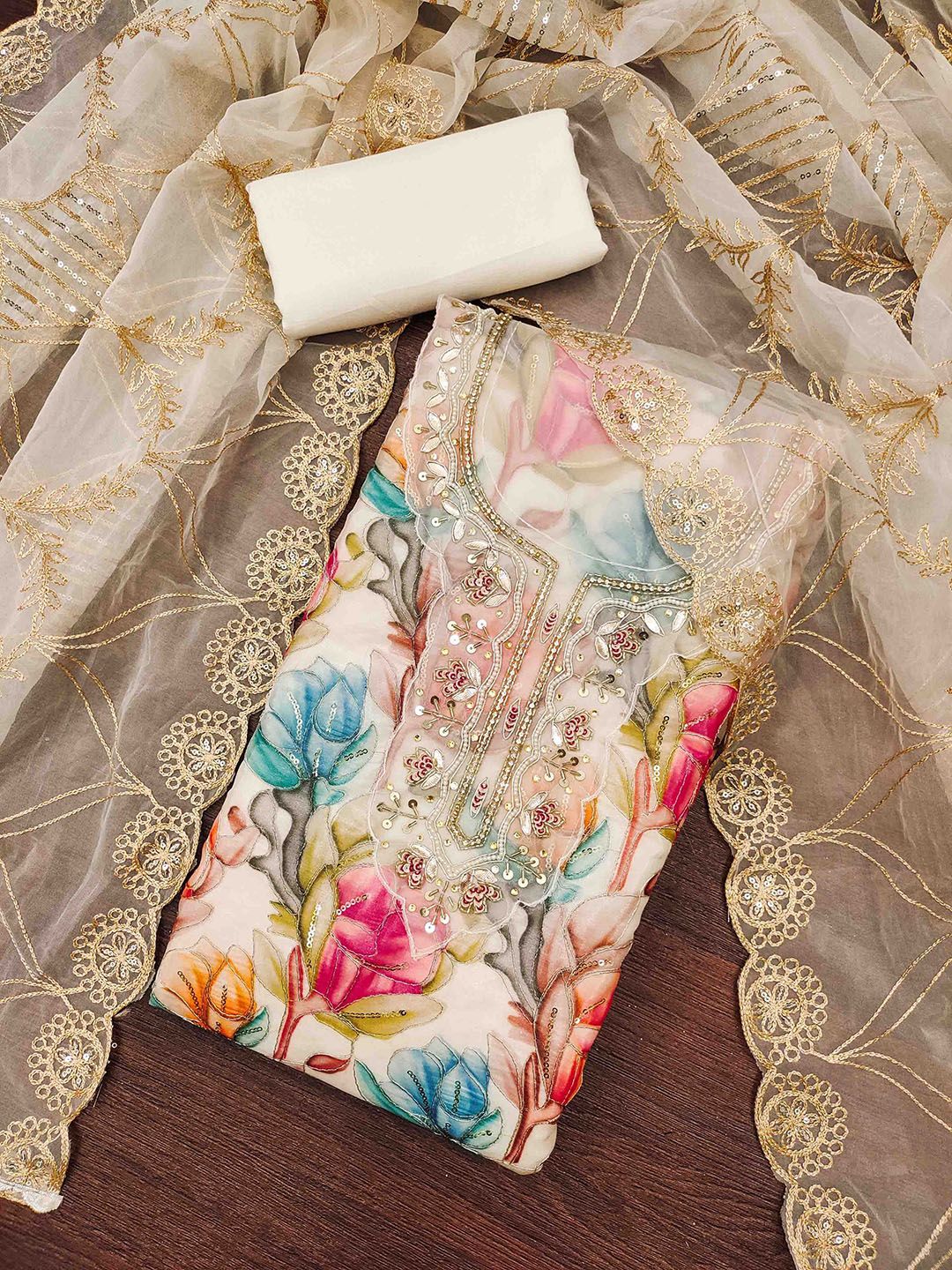 Blissta Floral Printed Beads & Stones Organza Unstitched Dress Material-picture-22