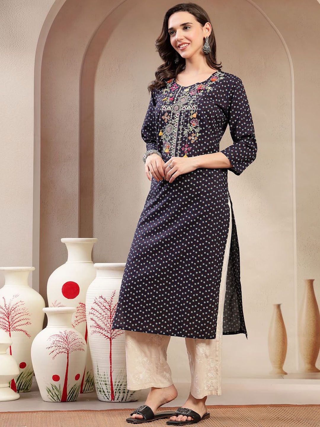 Sangria Women Printed with Embroidered Cotton Straight Kurta-picture-39