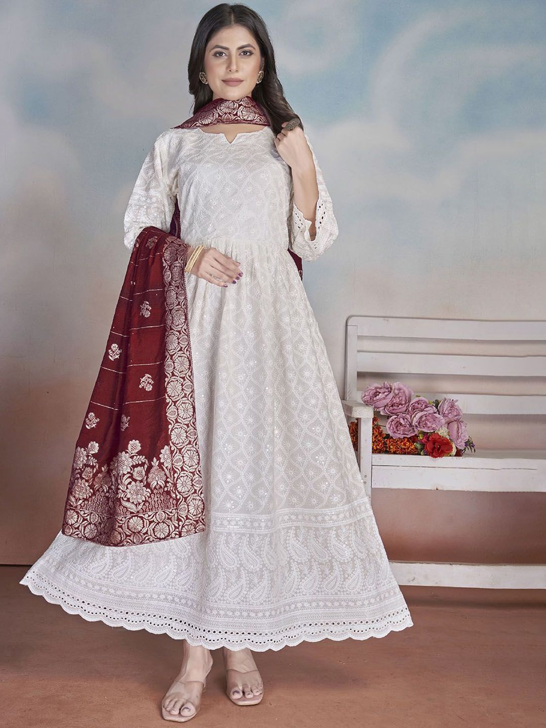 ZIRVI Embroidered Chikankari Pure Cotton Notch Neck Anarkali Kurta With Palazzos & Dupatta