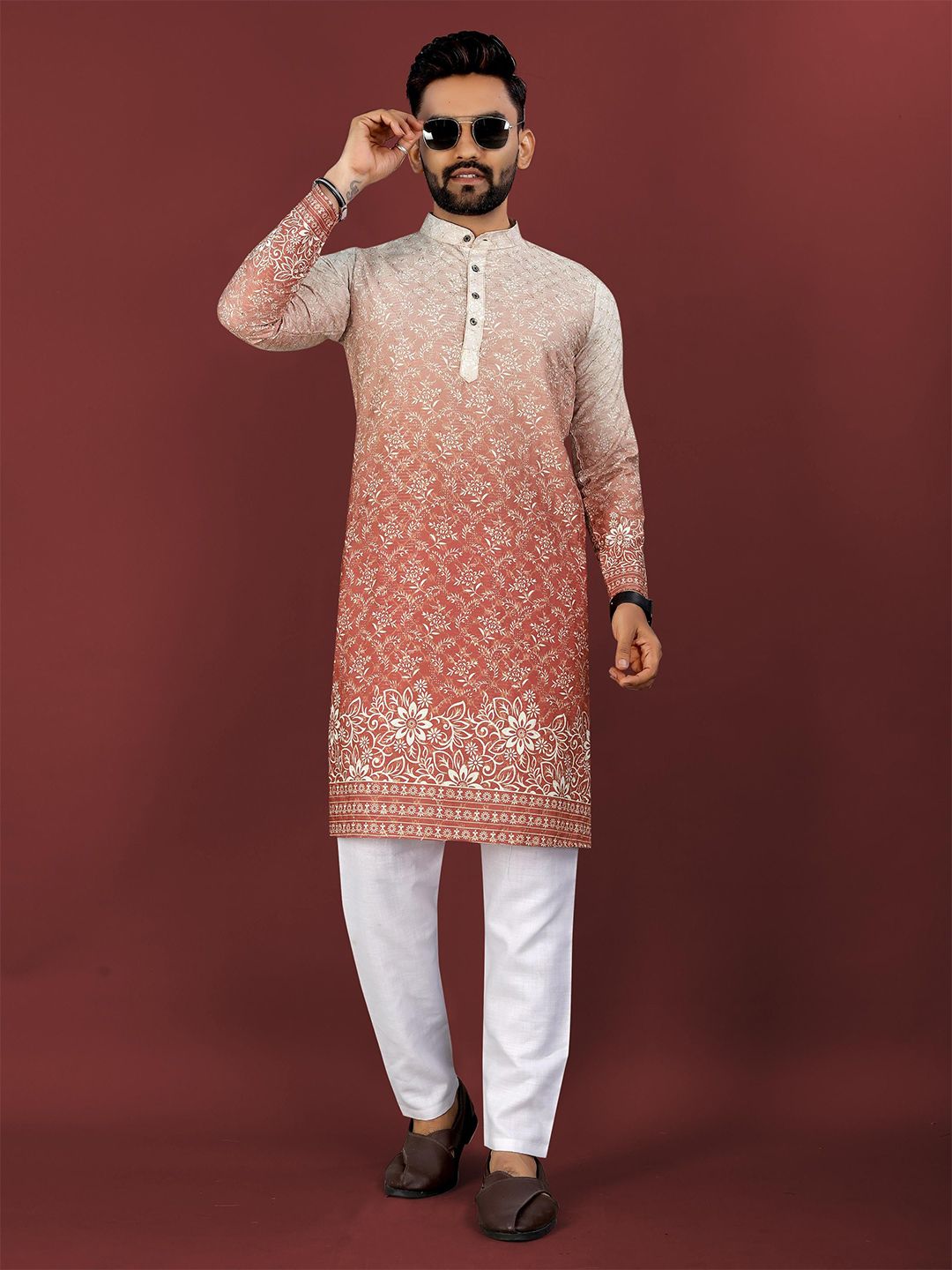 CHARLOTTE GRACIOUS Floral Printed Band Collar Thread Work Straight Kurta-image-29