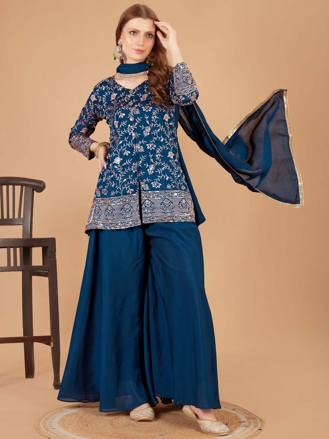 Xomantic Fashion Women Blue Art Silk Kurta Sets