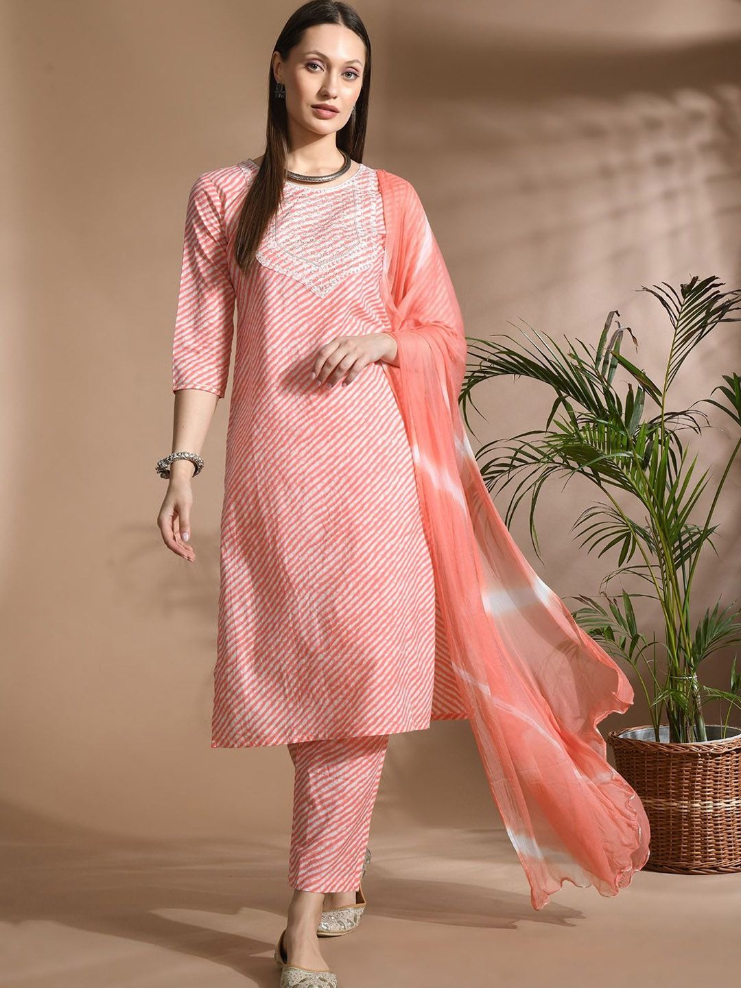 HERE&NOW Women Leheriya Striped Cotton Kurta with Trousers & Dupatta