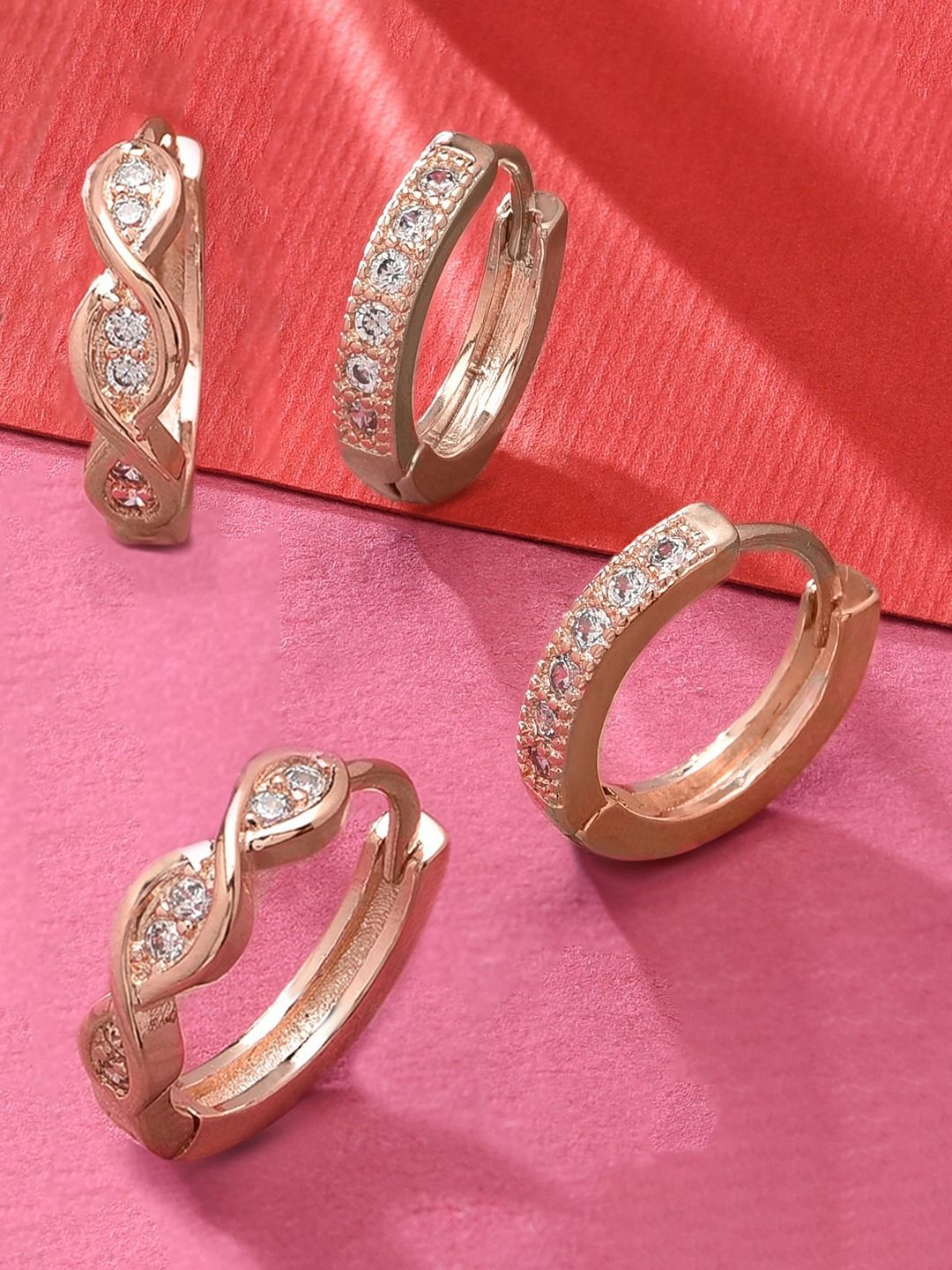 Zaveri Pearls Set Of 2 Rose Gold-Plated Cubic Zirconia Studded Circular Hoop Earrings-picture-44