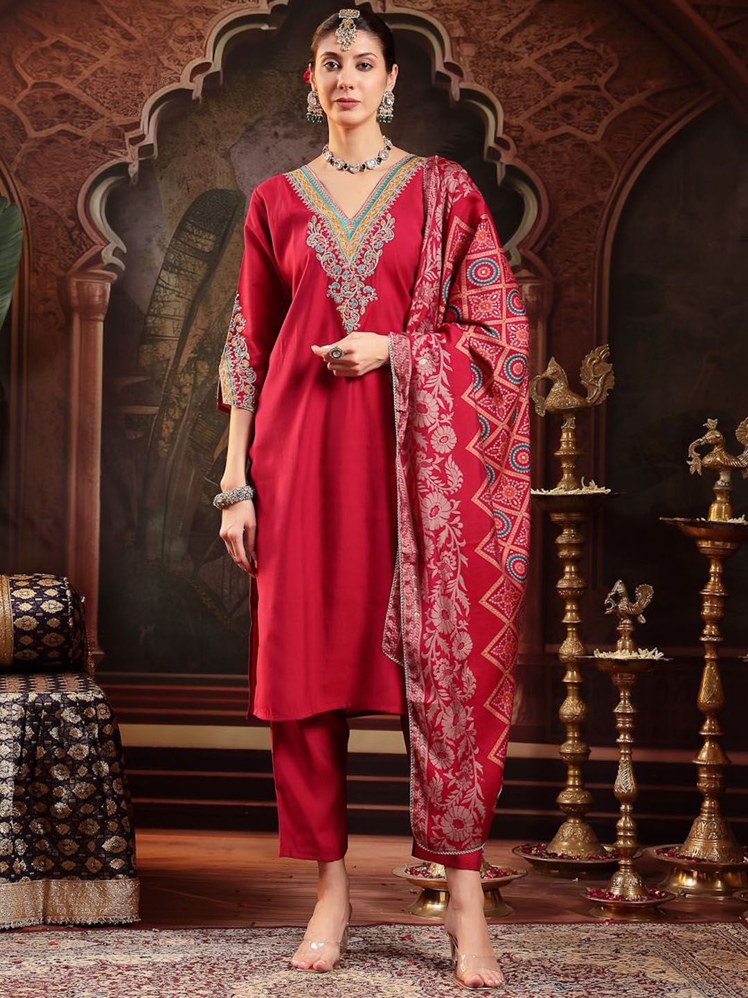 Stylum Women Solid Embroidered Silk Kurta with Trousers & Dupatta