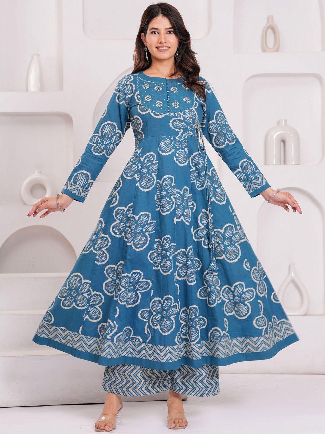 KALINI Floral Printed Empire Beads & Stones Pure Cotton Straight Kurta With Palazzos