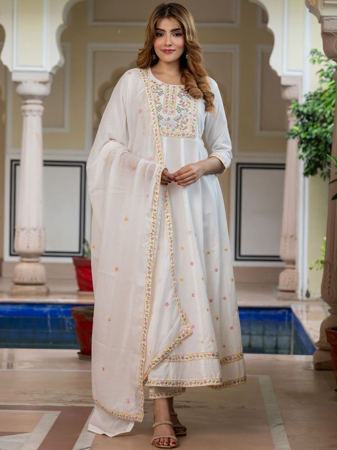 KALINI Women Solid Embroidered Cotton Kurta with Churidar & Dupatta