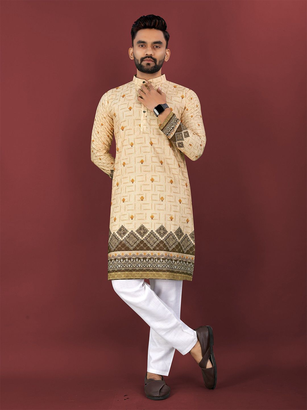 CHARLOTTE GRACIOUS Ethnic Motifs Printed Band Collar Sequinned Straight Kurta-image-21