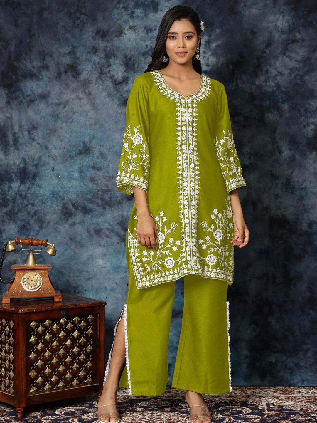 Sangria Chikankari Embroidered A-Line Kurta & Palazzos