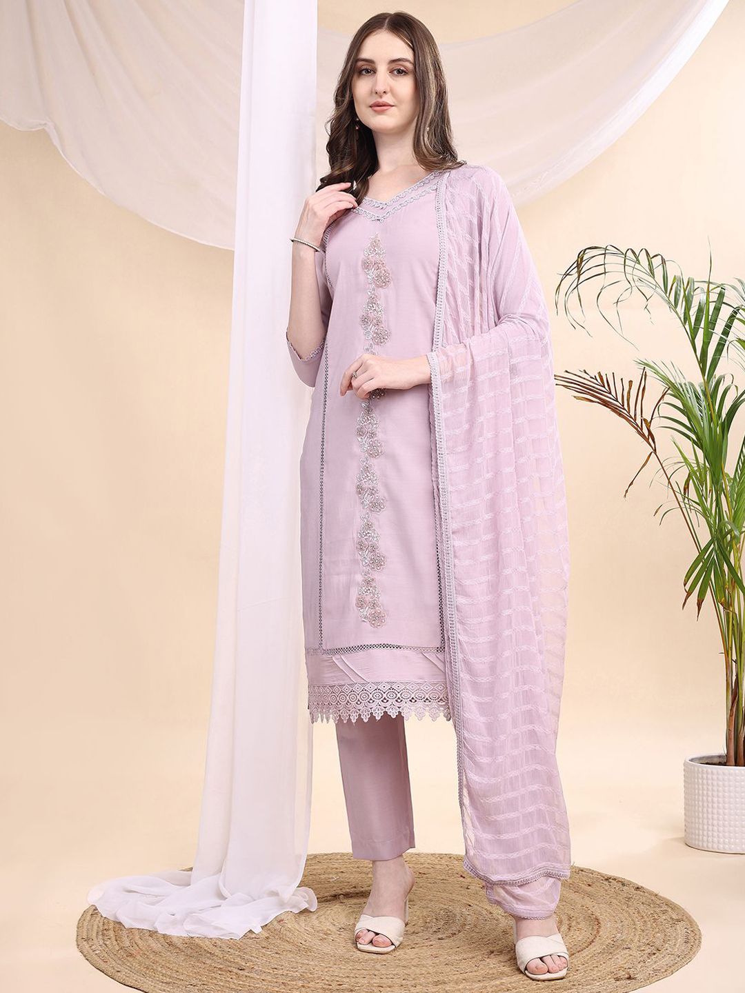 KALINI Women Embroidered Straight Kurta with Trousers & Dupatta