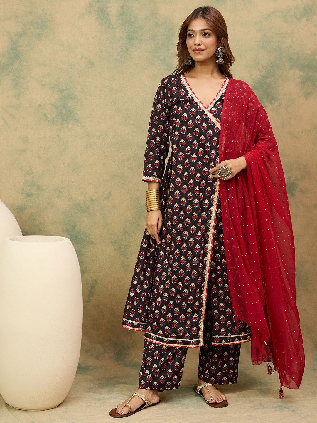 Varanga Floral Printed V-Neck Angrakha Kurta With Trousers & Dupatta
