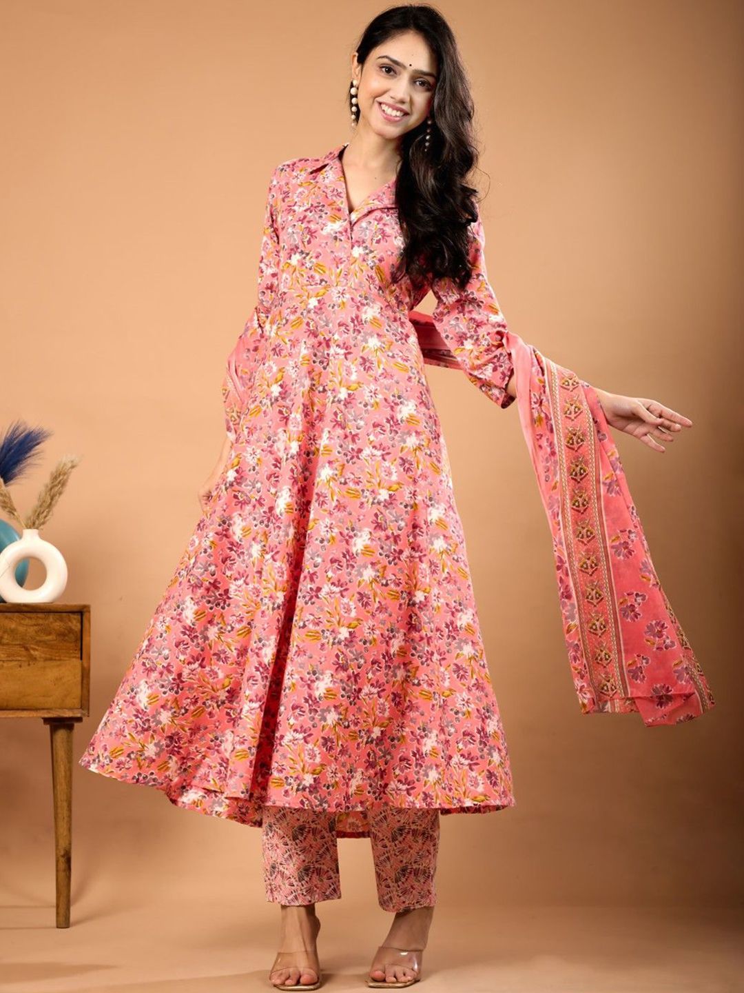 Le Mec Floral Printed Shirt Collar A-Line Pure Cotton Kurta With Trousers & Dupatta