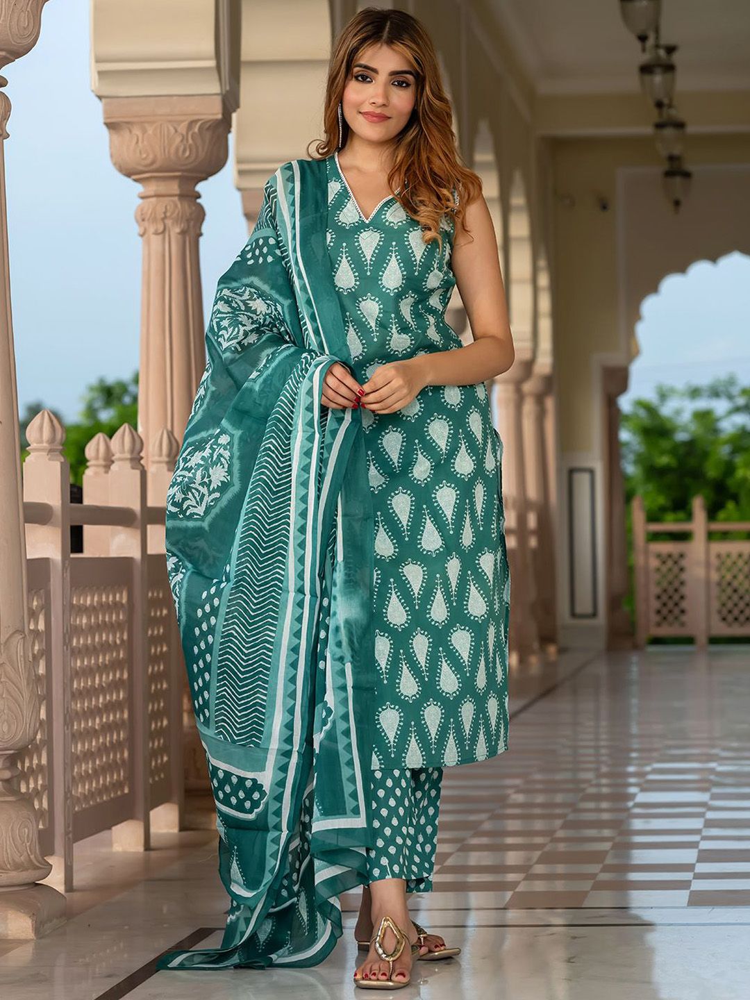 KALINI Women Ethnic Motifs Printed Cotton Kurta with Churidar & Dupatta