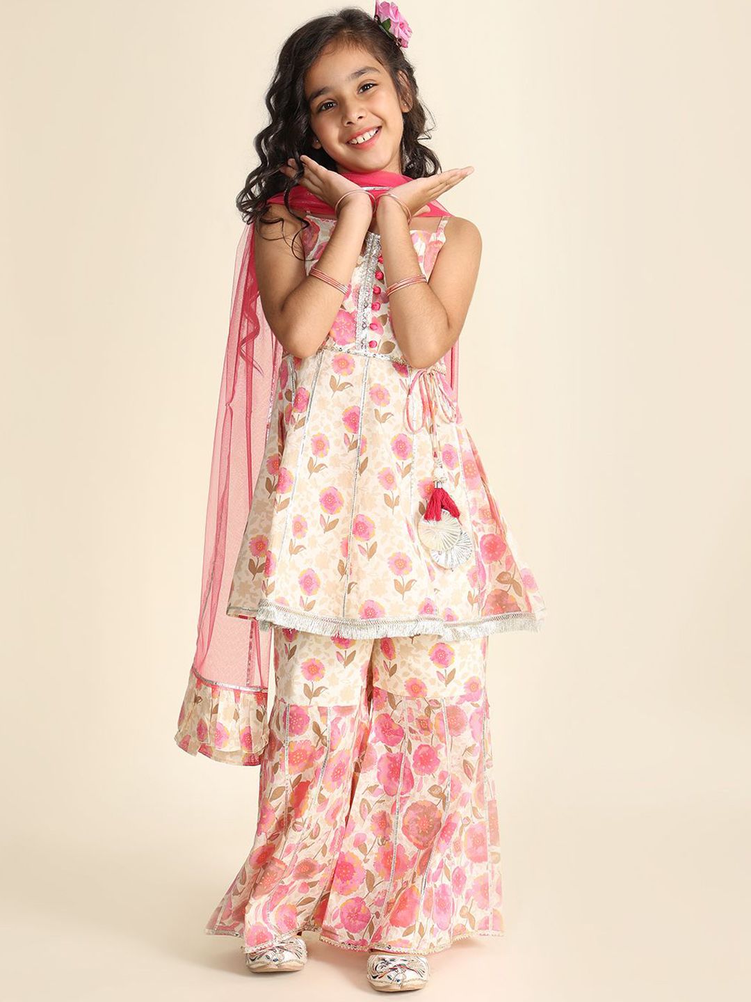 LIL PITAARA Girls Printed Regular Gotta Patti Pure Cotton Kurti with Sharara & Dupatta-picture-37