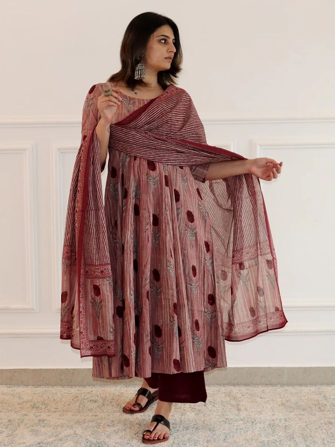 KALINI Floral Printed Round Neck Anarkali Kurta With Trousers & Dupatta