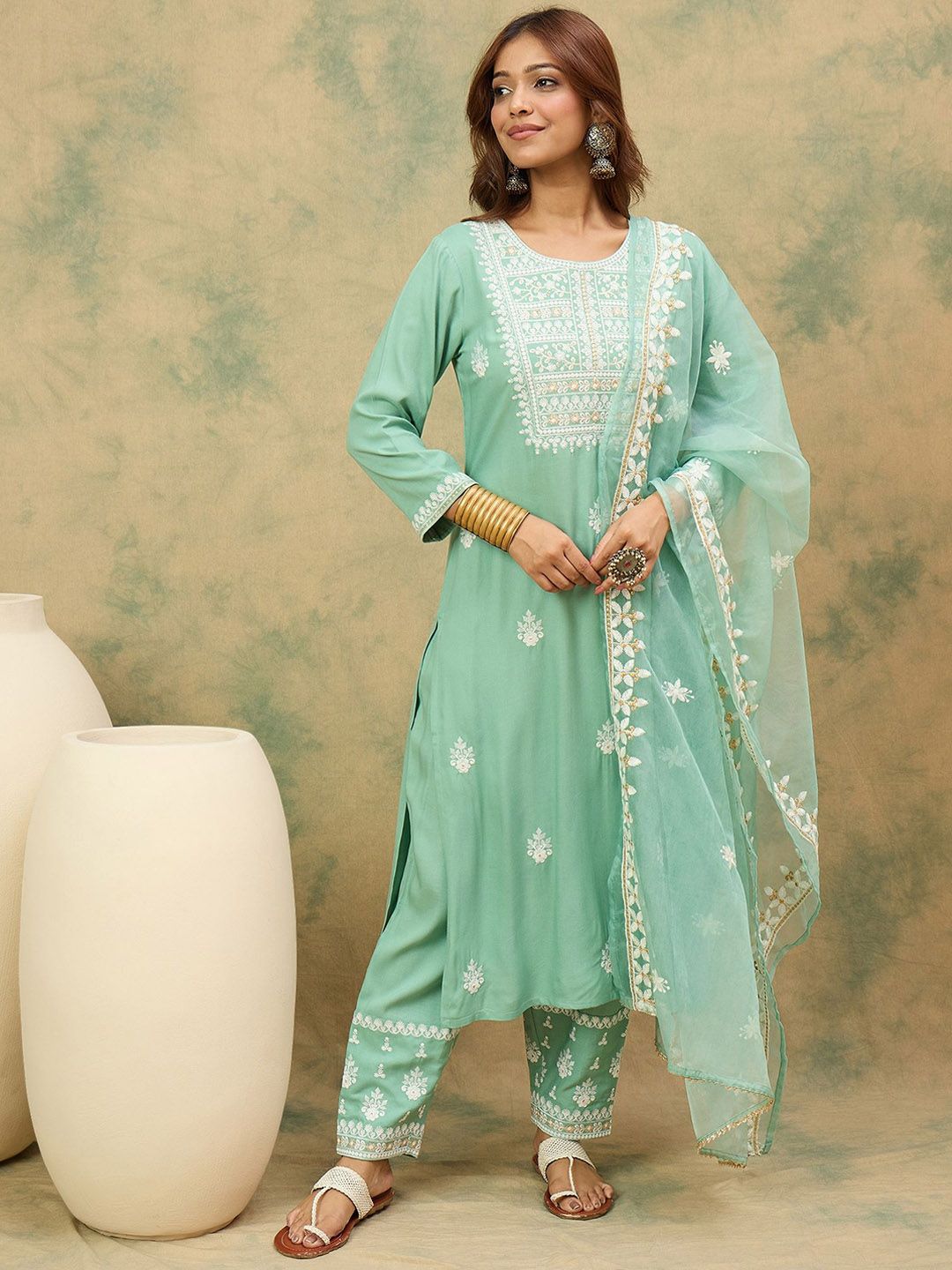 Varanga Women Ethnic Motifs Embroidered Round Neck Straight Kurta with Trousers & Dupatta