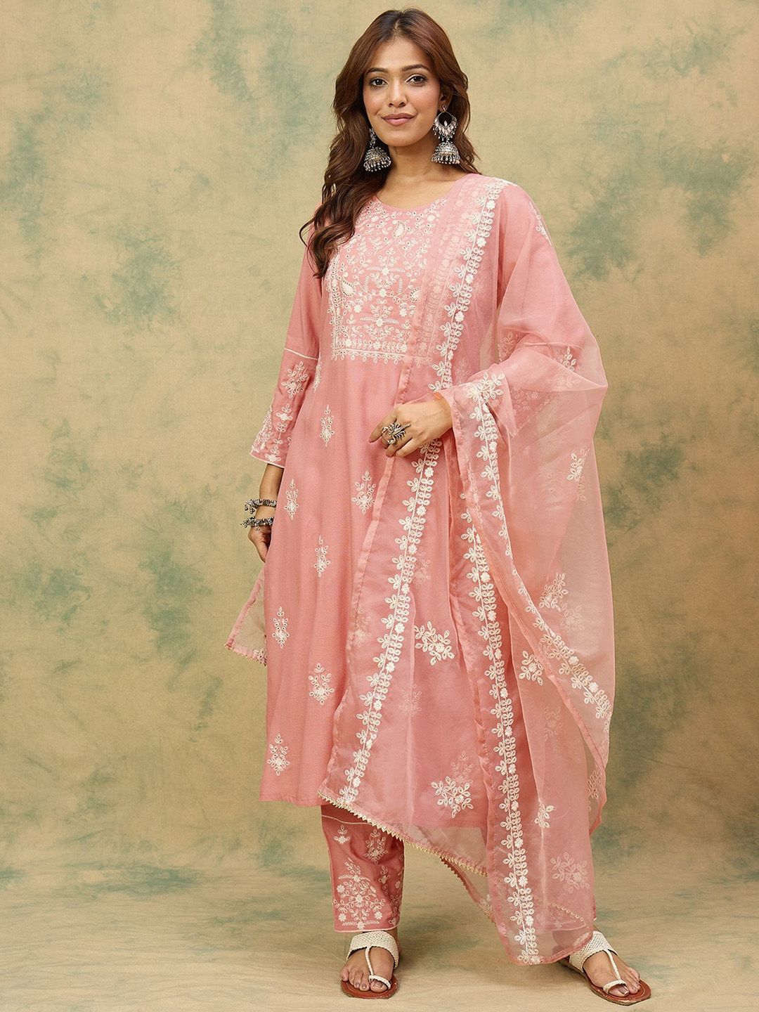 Varanga Floral Embroidered Thread Work Pure Cotton Kurta With Trousers & Dupatta